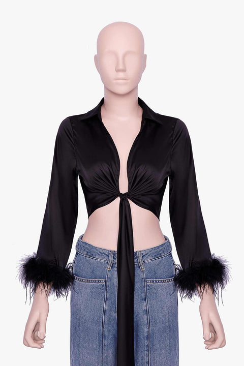 SATIN CROP TOP WITH FEATHERS