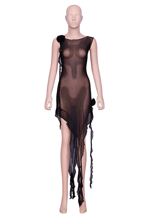 MESH DRESS WITH THREE-DIMENSIONAL FLOWERS
