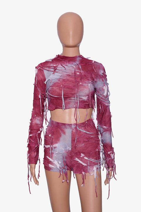 TULLE TIE DYE CROP TOP WITH FRINGES