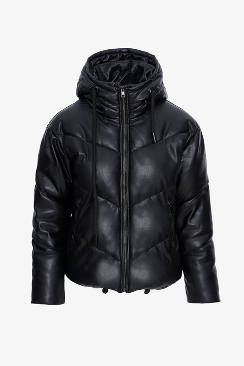 HOODED VEGAN LEATHER QUILTED JACKET